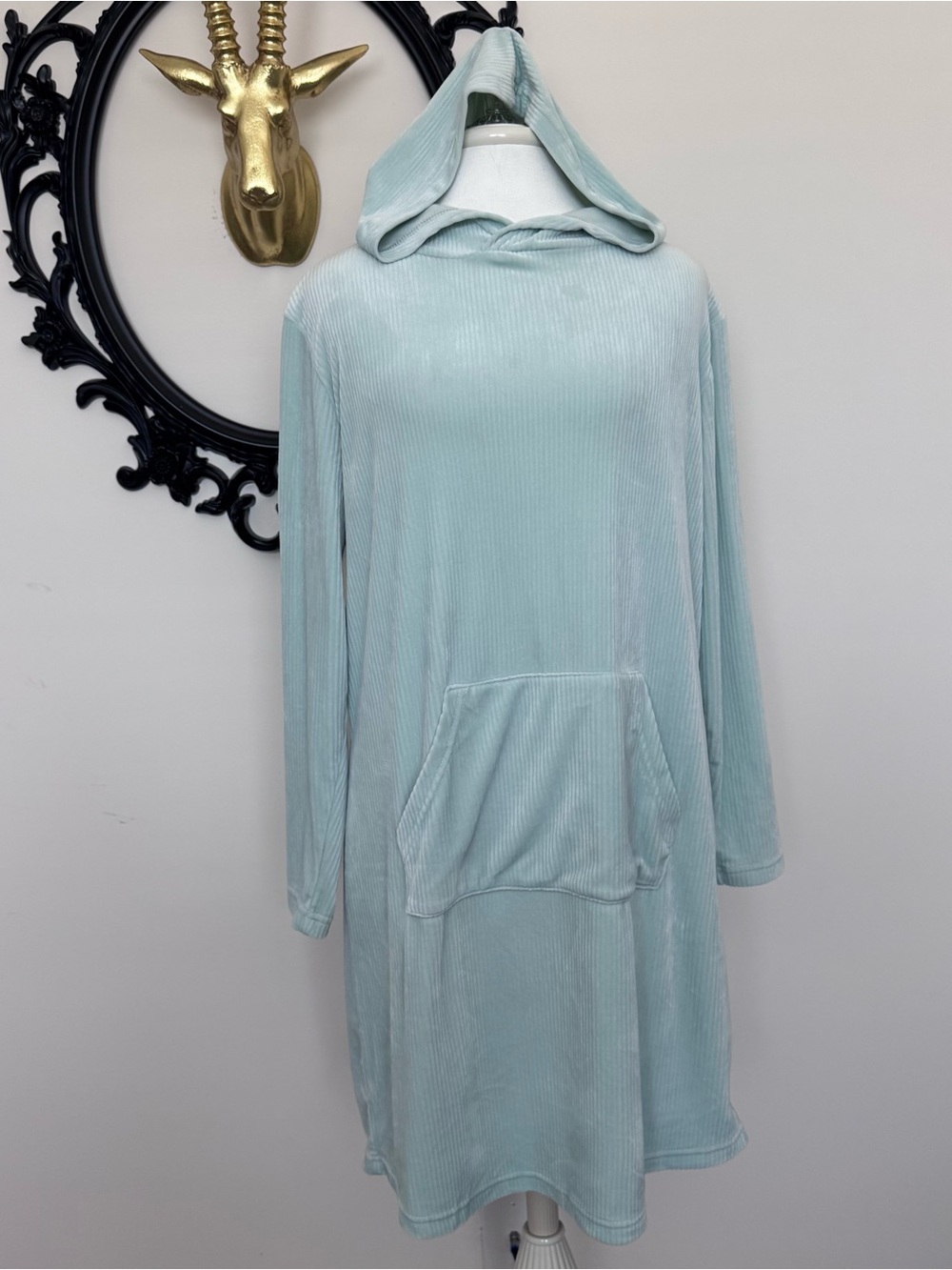 Serra Light Aqua Hooded Tunic Pajama Dress with Front Pocket